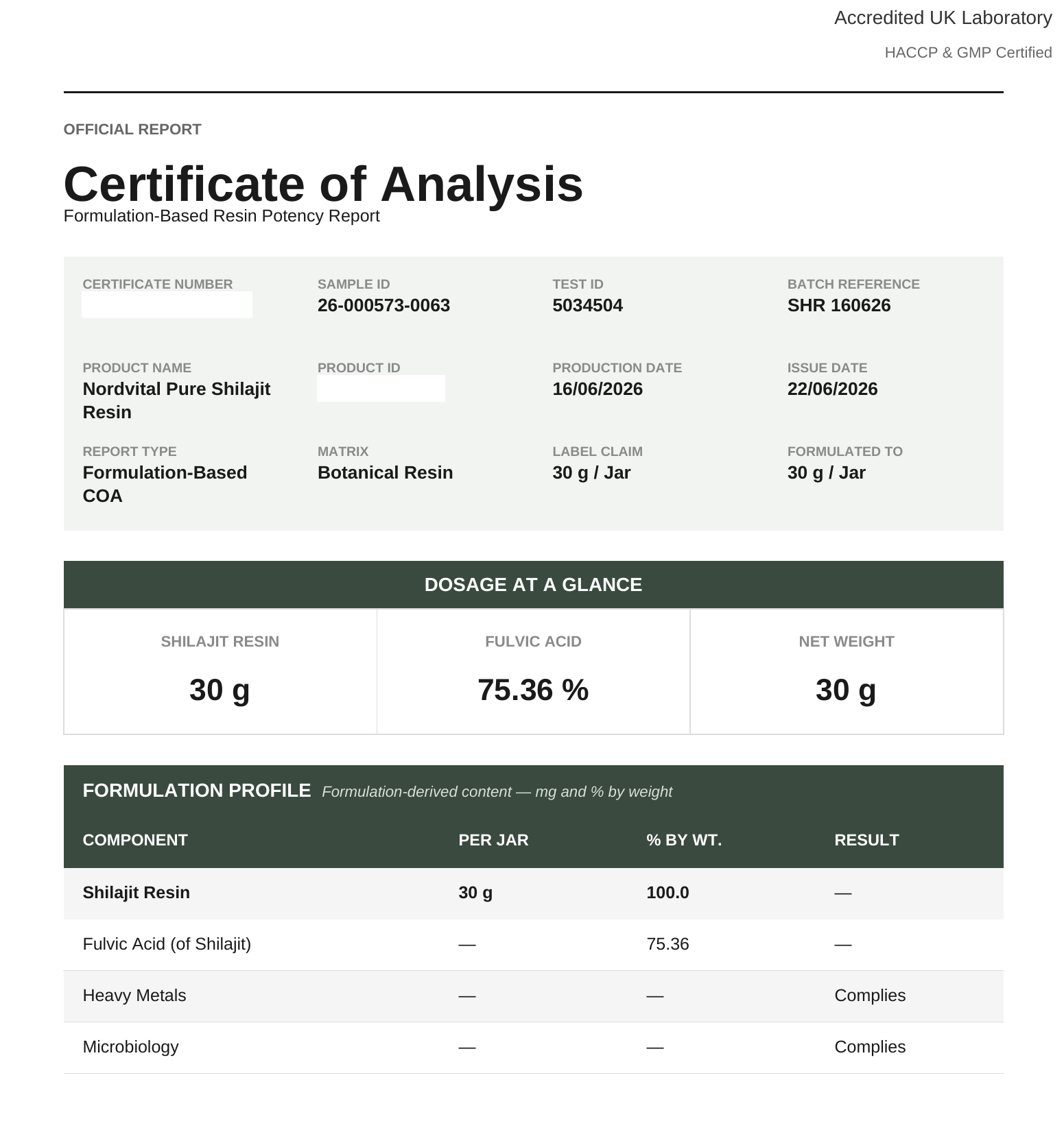 Analysecertifikat CoA for NordVitalDK Pure Shilajit Resin