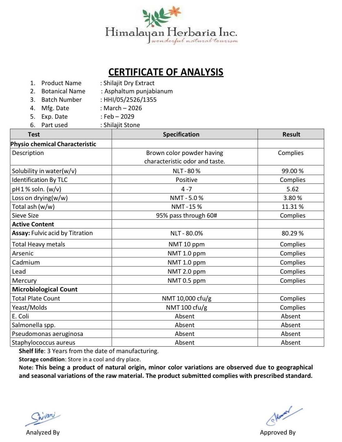 Analysecertifikat fra Himalayan Herbaria for ren Shilajit med testresultater for fulvinsyre og tungmetaller.